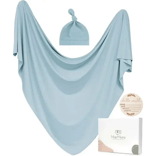 Baby Swaddle Receiving Blankets with Matching Beanie Set Newborn Nursery Swaddle Wrap for Baby Girls and Boys (Blue)