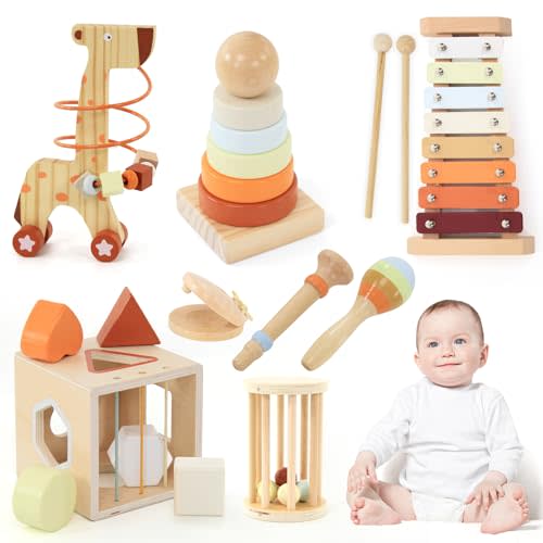 TQJ 8-in-1 Wooden Montessori Toys for Toddlers Wooden Toy Set for Babies - Object Permanence Box, Sand Hammer, Glockenspiel, Christmas/Birthday Gift for 1 2 3 4 5 Boys Girls