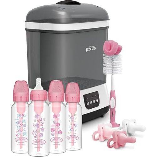 Dr. Brown’s Anti-Colic Options+ Baby Bottles 8 oz, Level 1 Nipple, 4 Pack, Pink Floral, 0m+ with Sterilizer, Bottle Brush, and HappyPaci Pacifier 0-6m, Pink Gift Set