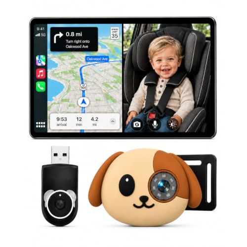 Cabin Care 1080P Baby Car Camera with Wireless CarPlay/Android Auto Adapter | View your baby or pet on the original car screen with 1080P HD, 150° wide angle, night vision, and split-screen support