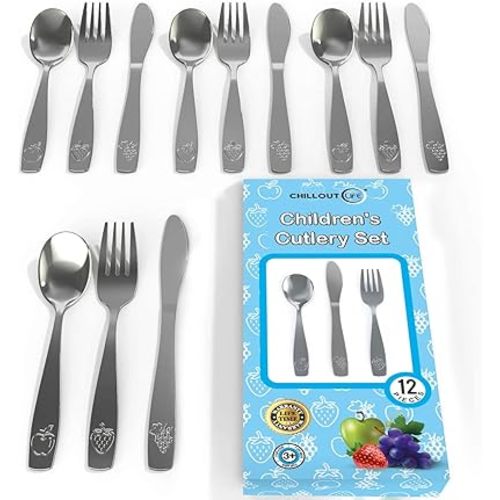 12 Piece Stainless Steel Kids Silverware Set - Child and Toddler Safe Flatware - Kids Utensil Set - Metal Kids Cutlery Set Includes 4 Small Kids Spoons, 4 Forks & 4 Knives