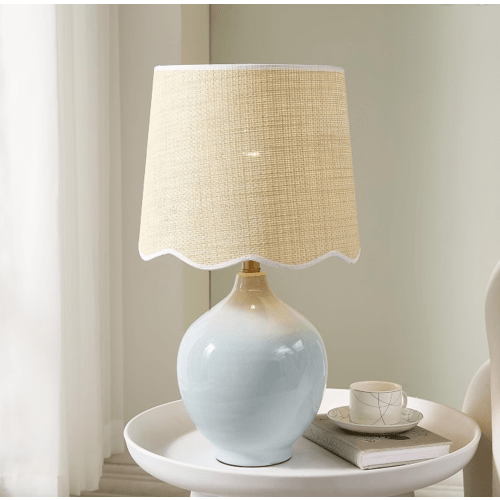 21"H Sky Blue Ceramic Table Lamp with Beige Faux Rattan Drum Shade