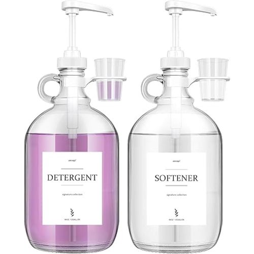 2 Pcs Glass Liquid Laundry Detergent Dispenser with Cup Holders, Half Gallon Dispenser for Laundry Room (64 oz. Each), Laundry Detergent Bottles with Pump Dispenser -Includes Labels, Measuring Cups