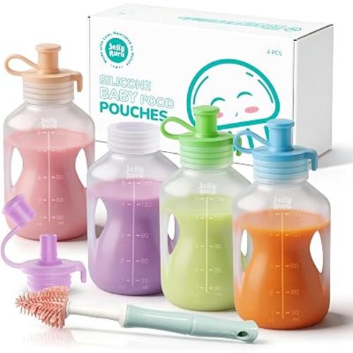 Jelly Ruru Silicone Reusable Baby Food Pouches, 5oz Squeeze Pouch, 4 Pack