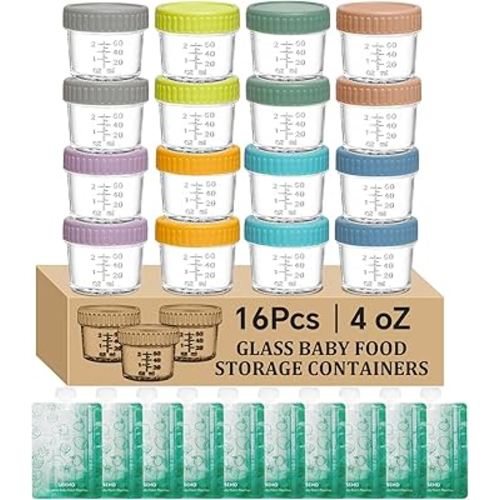 16 pcak Glass Baby Food Storage Containers & 10 Pack Reusable Baby Food Pouches Set, 4 oz Glass Jars with lids for Infant Baby Food,Freezer and Microwave Safe,100% Leak Proof,Reusable BPA Free（16）