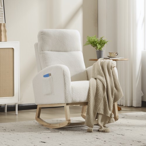 CARZZI LIFE Modern Nursery Rocking Chair, Teddy Upholstered Rocking Chair with Footrest, Comfortable Rocker Recliner with Side Pocket, Rocker Glider for Living Room, Bedroom, Nursing Room (White)