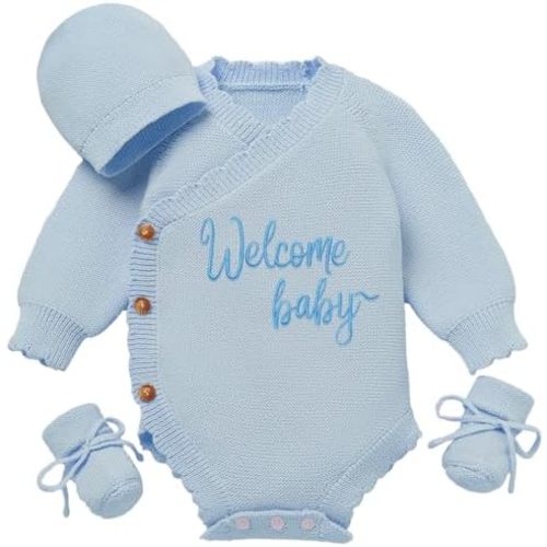 ODASDO Newborn Infant Baby Girls Boys Coming Home Outfits Knitted Long Sleeve Romper with Hat Socks Set Fall Winter