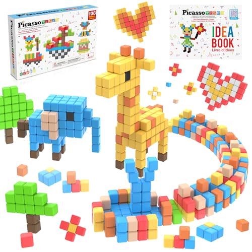 Picasso Cubes 1 Magnetic Puzzle Cubes 108 Piece Magnet Construction Building Block Set Sensory Toy Early Education STEM Learning, Free Ideabook with 50 Ideas, Children Age 3+ Boy Girl PMC108