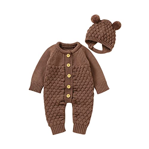 Newborn Baby Boy Girl Winter Clothes Knitted Sweater Romper Crewneck Solid Color Jumpsuit Hat Infant Fall Outfit