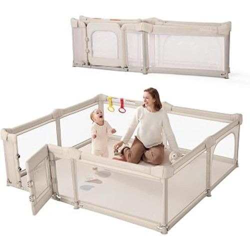 Foldable Baby Playpen for Babies and Toddler with Double Door,Play Yard with Breathable Mesh, Baby Fence Play Area for Indoor,71x79x24in Extra Large Playpen Light Khaki