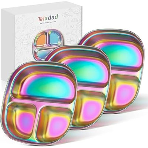 3Pack Stainless Steel Kids Plates, Kids Toddlers Babies Tray, Balanced Bites Divided Plates for Toddlers, BPA Free, Portion Control Plate, Dinner Snack, 3 Compartment Plate