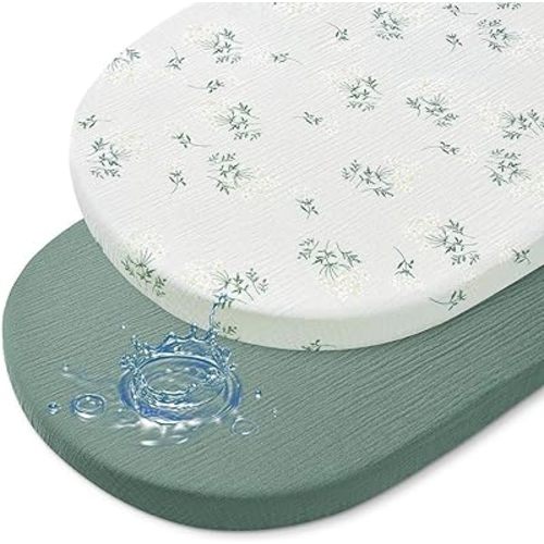 Baby Bassinet Sheets TPU Waterproof 2 Pack Soft Muslin Bedside Bassinet Mattress Sheets with Bottom Elastic Band for Baby Boy Girls Unisex Fit Hourglass Oval and Rectangle, Dark Green