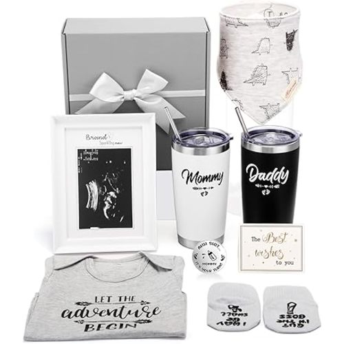 Chuarry 10 Pcs Christmas Pregnancy Gifts for New Parents New Mom Women Gender Reveal Gifts Baby Shower 20oz Mom and Dad Tumblers Frame Unisex Jumpsuit for First Time Parents (Classic, Gray)