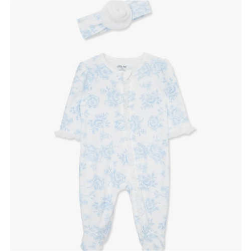 Little Me Clothes for Baby Girls 100% Cotton 2Pc Zipper Closure Footie and Headband Set, Baby Essentials, Preemie to 9 Months