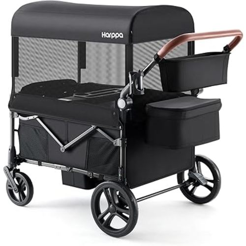 Harppa Remy Wagon Stroller for 4 Kids, Foldable 4-Seater Stroller Wagon with Mosquito Net Canopy,Snack Tray, All-Terrain 11" Wheels, 220Ibs Capacity for Beach,Zoo,Growing Family Outings Toddler Black