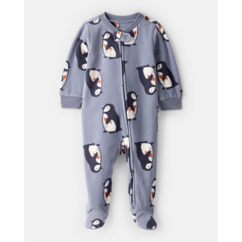 Baby Boy Penguin Fleece 2-Way Zip Sleep & Play Pajamas - Grey | Carter's