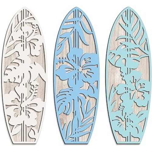 VGICH Hibiscus Surfboard Wall Decor - 3 Piece Wooden Beach Wall Art for Bedroom, Tropical Decor for Living Room(Blue)