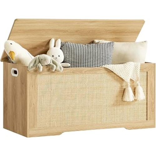 usikey 39.4” Storage Chest, Toy Box with 2 Safety Hinges, Toy Chest for Bedroom, Storage Bench with Storage, Shoe Bench, Supports 220 lb, for Living Room, Entryway, Natural