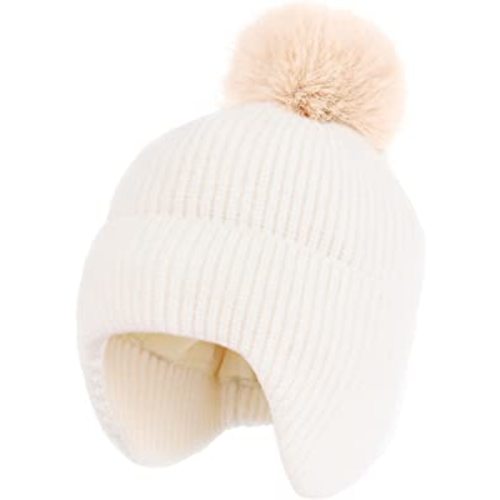 Toddler Baby Winter Hat Warm Fleece Lined Knit Kids Hat with Earflap Infant Newborn Pom Pom Beanie Knit Cap Girls Boys