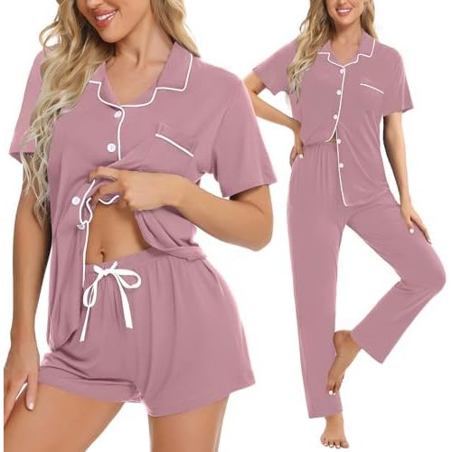 SWOMOG Womens 3pcs Pajamas Set Button Down Sleepwear Soft Short Sleeve Nightwear with Shorts Long Pant Pjs Loungewear