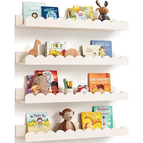Scalloped Wall Bookshelves for Nursery, Floating Wooden Book Shelves for Kids Room, White Nursery Shelves for Wall, Baby & Toddler Room Decor
