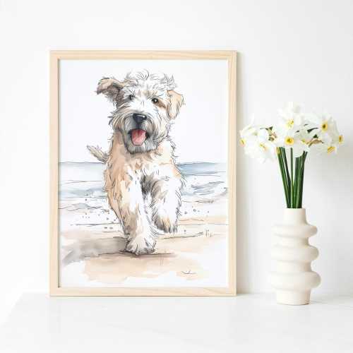 Wheaten Terrier Running at the Beach Watercolor Print | Soft Coated Wheaten Illustration Print | SCWT Wall Art | Gift for Her
