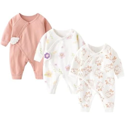 Newborn Baby Romper - Unisex Cotton Bodysuit for Infant Baby Boys Girls 3 Pack Long Sleeve Button Solid Jumpsuits