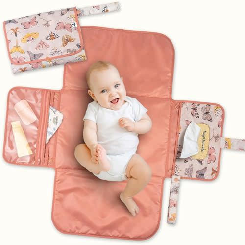 Tiny Twinkle Portable Diaper Changing Pad | Waterproof, Wipeable & Compact Baby Changing Pad for Travel | Smart Wipes Pocket & Organized Storage| Newborn Shower Gift (Flutter)