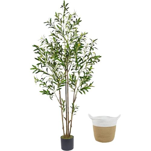 6ft (71”) Artificial Olive Tree, Tall Fake Olive Plant with Basket, Faux Olive Silk Tree for Mordern Indoor Home Livingroom Office Floor Corner Décor