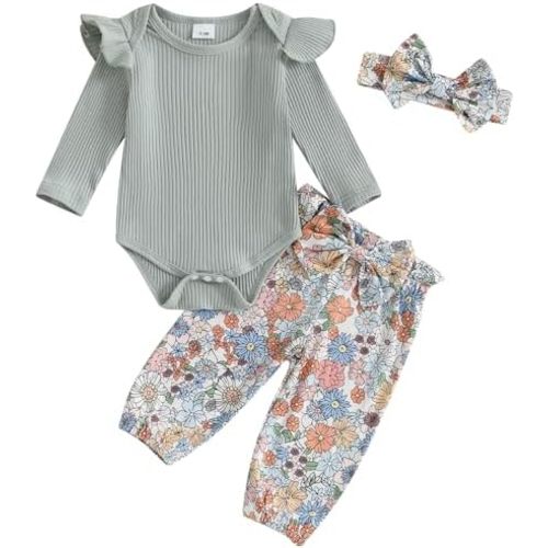 Mubineo Baby Girl Clothes Cute Outfits Ruffle Romper Flower Tops Pant Set Infant Long Sleeve Fall Winter Newborn Outfit
