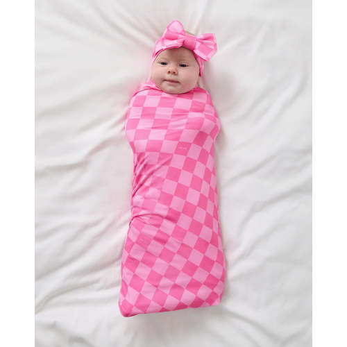 Sweet Raspberry Checks Swaddle & Luxe Bow Headband Set | Little Sleepies