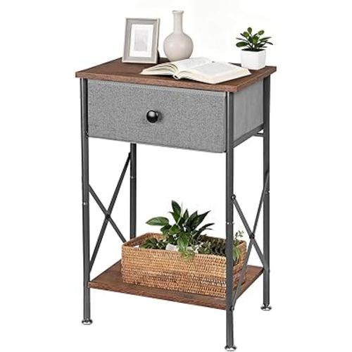 VECELO Nightstand with Drawer, Small Bedside Table with Storage and Adjustable Metal Legs, Wood End Table for Bedroom or Living Room, Perfect for Small Spaces and Modern Farmhouse Décor, Retro Brown