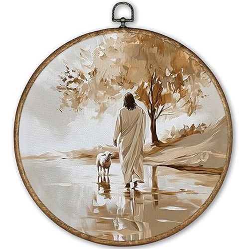 TLESKE Christian Jesus and the Lost Lamb Round Wall Art Decor 10x10, Vintage Christian Easter Framed Canvas Wall Art Prints Artwork, Religious Wall Hanging Room Door Decor for Bedroom Living Room