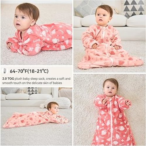 Fleece Baby Sleep Sack 6-12 Months Long Sleeve 2.0 Tog Baby Wearable Blanket with 2-Way Zipper Warm Sleeping Sack for Toddler Infant Newborn - Medium Pink White Strawberry