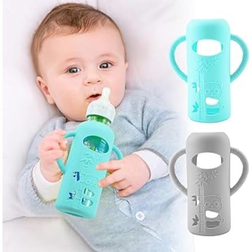 2 Pack Silicone Sleeves for Dr. Brown's Glass Baby Bottles, Anti Breakage Durable Baby Bottle Holder with Easy Grip Handles, Narrow Sleeve with a Cutout, Dishwasher/Freezer/Microwave Safe, 8 oz