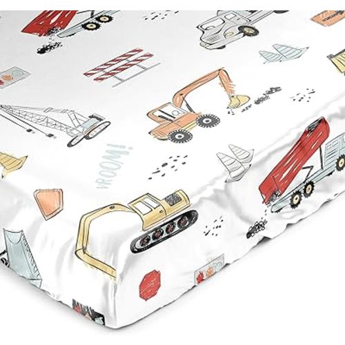 Sweet Jojo Designs Red Blue Construction Truck Boy Baby Satin Fitted Crib Sheet Infant Newborn Nursery Toddler Bed Room Standard Mattress Transportation Zone Vehicles Bulldozer Grey Yellow Black White
