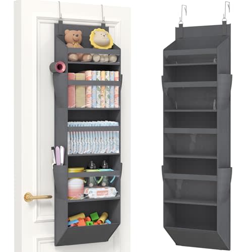 Lifewit 1 Pack Over the Door Organizer, Clear Window Hanging Storage with 4 Mesh Side Pockets, Anti Tilt 40 lbs Load Behind Door for Pantry, Nursery, Bathroom, Bedroom, Dorm, 5 Section, Gray