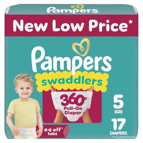 Pampers Diapers - Swaddlers 360° - Size 5, 17 Count, up to 100% Leakproof Comfy Dry Fit, Designed for Easy Changes, Pull On Baby Diaper