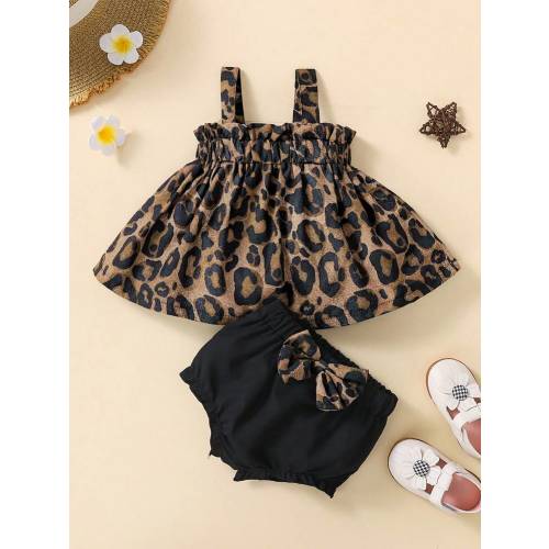 2pcs Baby Girls' Outfit Set, Dark Brown Leopard Print Suspender Dress Top + Black Bowknot Shorts, Spring/Summer | SHEIN USA