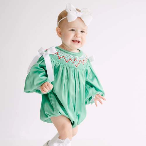 Green Satin Rosette & Pearls Smocked Bishop Bubble – Little Bear Smocks