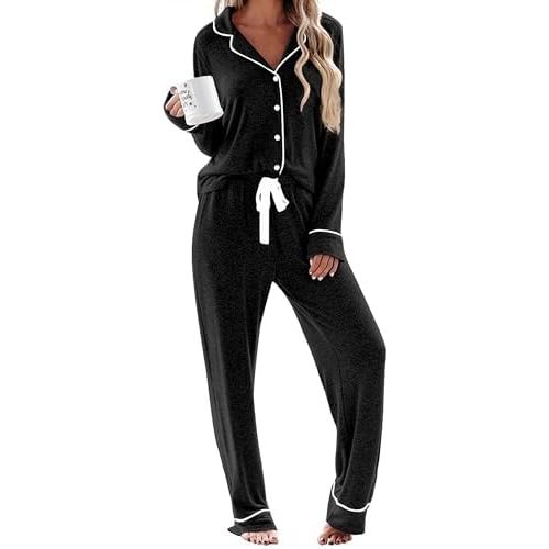 Ekouaer Women's Pajamas Long Sleeve Sleepwear Casual Button Down Loungewear Soft Pjs Set S-XXL