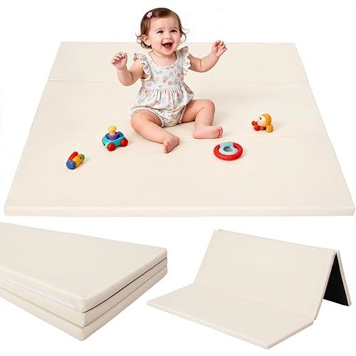 Foam Baby Play Mat: PU Leather Waterproof Kids Playmat - Trifold Floor Mat - Large Play Mat for Playpen Thick Pad Fodable Mattress Soft Toddler Mattress Infant Cushion for Preschool (Beige)