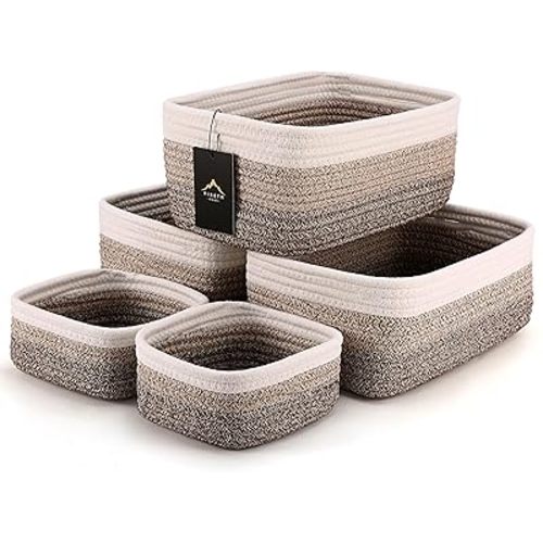 VIRETH HAUS 5-Pack Small Woven Rope Storage Baskets – 2 Sizes Organizer Bins for Closet, Shelf, Bookshelf, Nursery, Changing Table, Fabric Cube Boxes, Rectangular Shallow Bins for Bathroom, Toy & Home