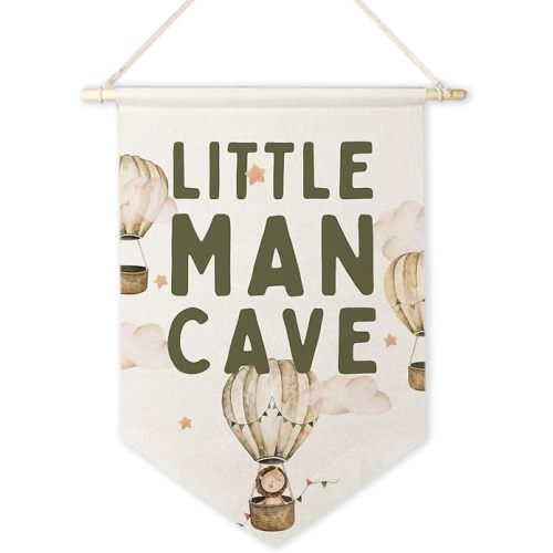ArtisaEura Little Man Cave Wall Canvas Banners, Hot Air Balloon Nursery Decor, Baby Animal Hanging Display Pennant Banner Flags, Nursery Wall Decor for Kids Boys Room Bedroom Playroom