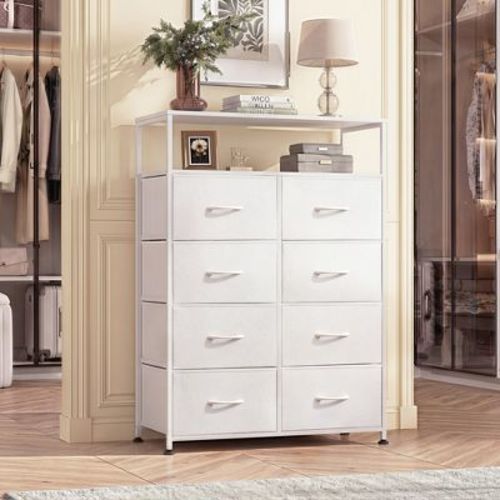 DEXYLLO Fabric Dresser for Bedroom with Open Shelves, Tall Dressers with 8 Drawers, Storage Tower with Fabric Bins, White