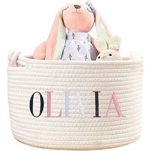 Personalized Baby Embroidery Name Basket, Custom Easter Basket Newborn Shower Birthday Gift, Baby Boys Girls Nursery Essentials Colorful Cotton Rope Cute Bedroom Storage Bin, Dog Cat Toy Organizer, L