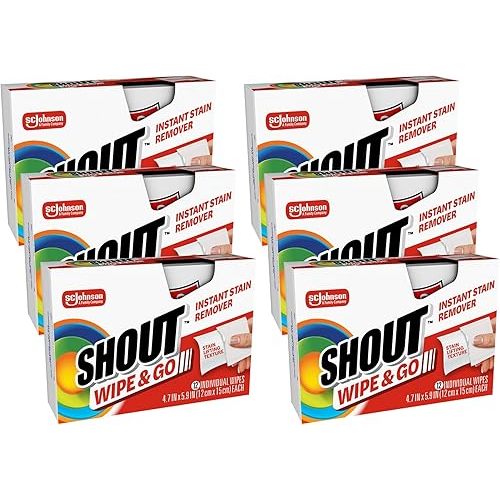 Shout Wipe & Go Instant Stain Remover Wipes, No Wash Required, Safe on Colorfast Washables, Travel & Baby Diaper Bag Essentials, Removes Grass, Coffee, Makeup & More, 12 Wipes (Pack of 6)