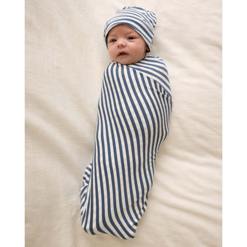 Hazy Blue Stripe Swaddle & Infant Beanie Set | Little Sleepies