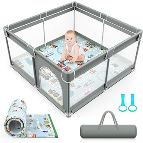 VANCLE Baby Playpen with Mat 127cm x 127cm Playpen for Babies and Toddlers, Playard for Kids Safety Play Yard Indoor & Outdoor Baby Fence Activity Center, Gray (127cmx127cm)…