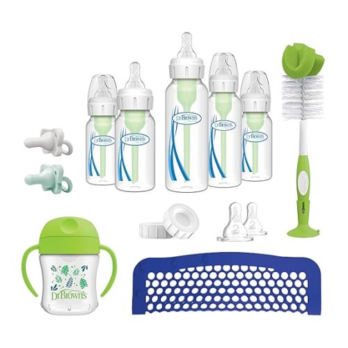 Dr. Brown's Natural Flow Anti-Colic Options+ Narrow Baby Bottle Gift Set with Advantage Pacifier & Bottle Travel Caps, 0m+ (Packaging/Pacifier May Vary)